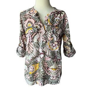LOFT Blouse Women Medium Petite Floral Button L/S Lightweight Safari Cotton